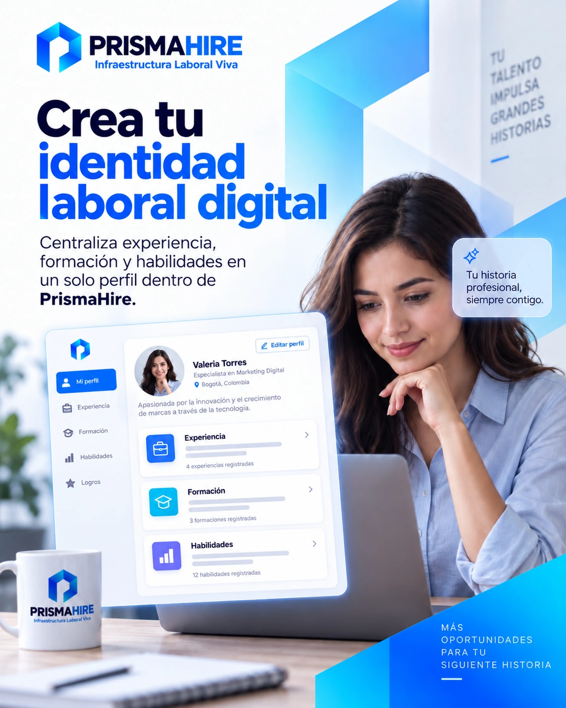 Crea tu Identidad Laboral Digital: centraliza experiencia, formación y habilidades en un solo perfil dentro de PrismaHire. Una mujer revisa en su portátil su perfil con experiencia, formación y habilidades.