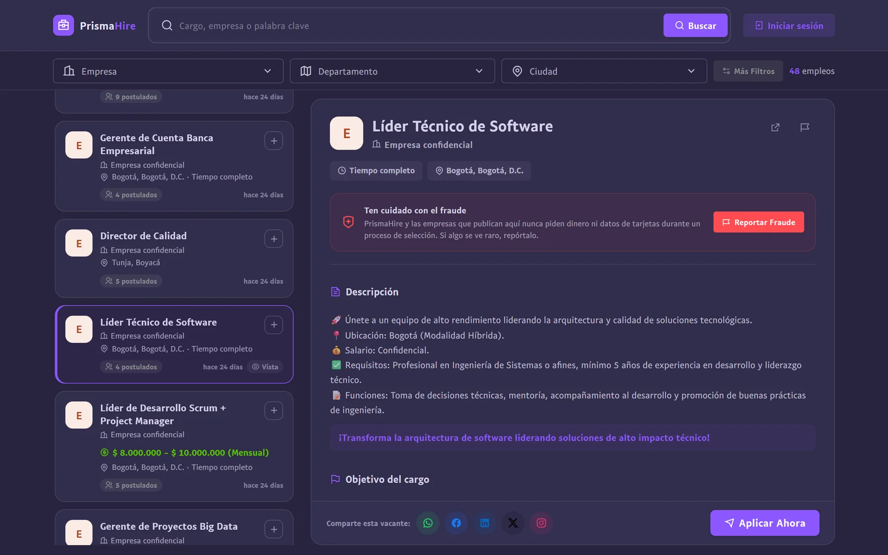 Portal de empleos de PrismaHire: buscador, filtros por empresa, departamento y ciudad, lista de vacantes y detalle de una vacante con el botón Aplicar ahora.